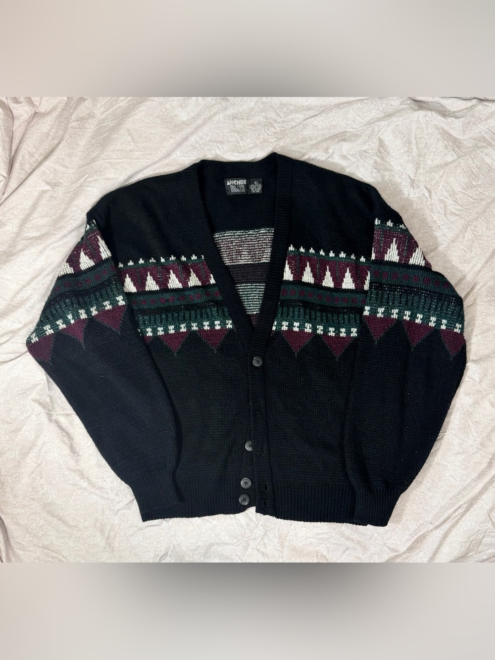 Vintage 90s Anchor Blue Geometric “grandpa” Knit Cardigan